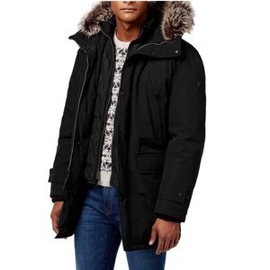 Michael Kors Black Parka Jacket Faux Fur Hood Large L Bib Snorkel
